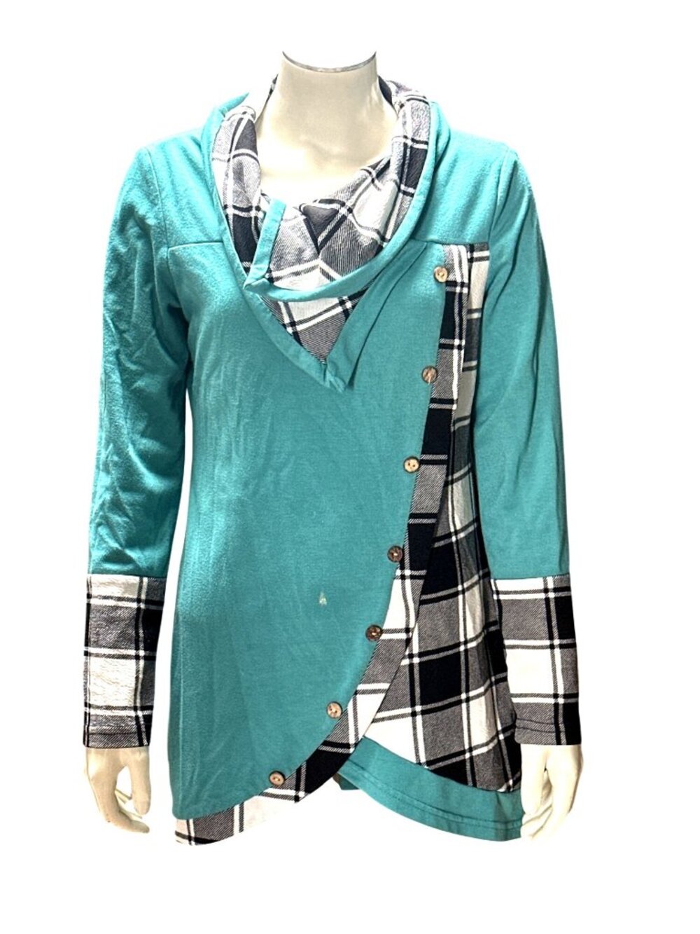 Dressfo Size 8 Teal Plaid Cowl Neck Tunic Button Accent Cozy Fall Layering Style